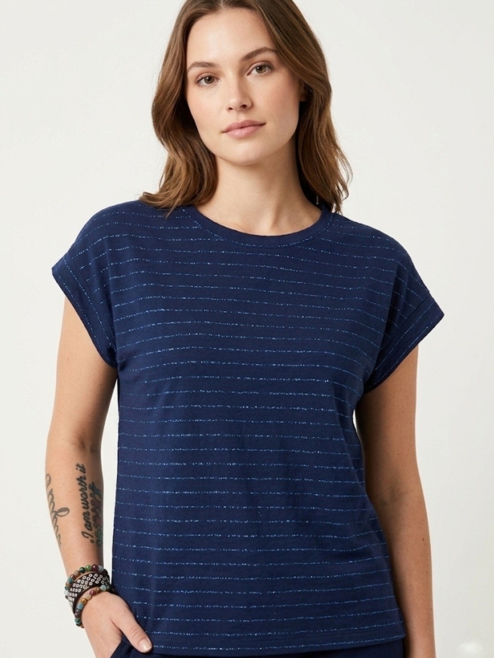 Ellen Tracy Navy Blue METALLIC Short-Sleeve Stripe Tee Med EUC